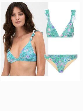 SPELL Frill Tri Top & Cheeky Bottom Flower Child Ocean Bikini 2pc Swimsuit Sz M